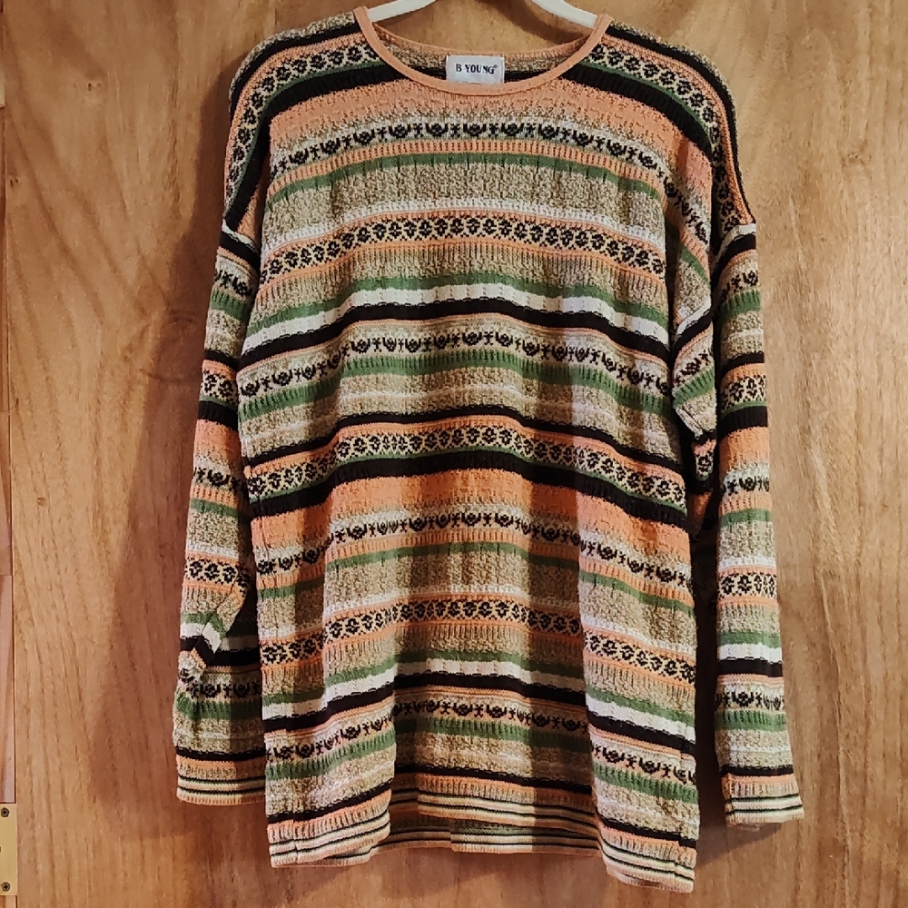 Vintage B-Young Denmark Womens Grandpa Sweater Peach Brown Green Cotton Blend 2X